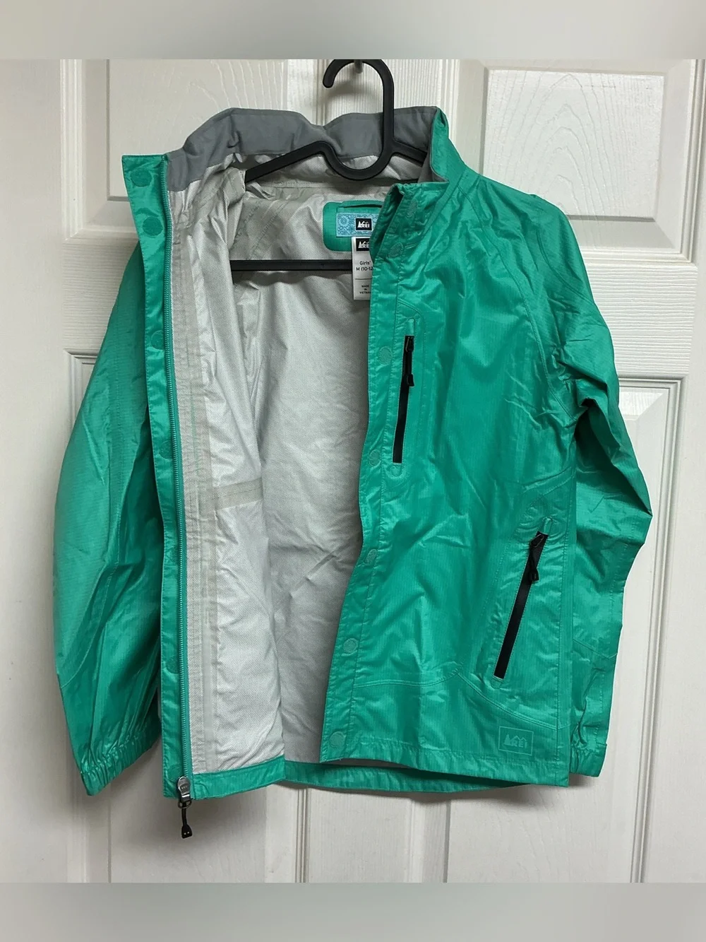 REI Girl’s Sz M 10-12 Hooded Green Waterproof Rain Jacket